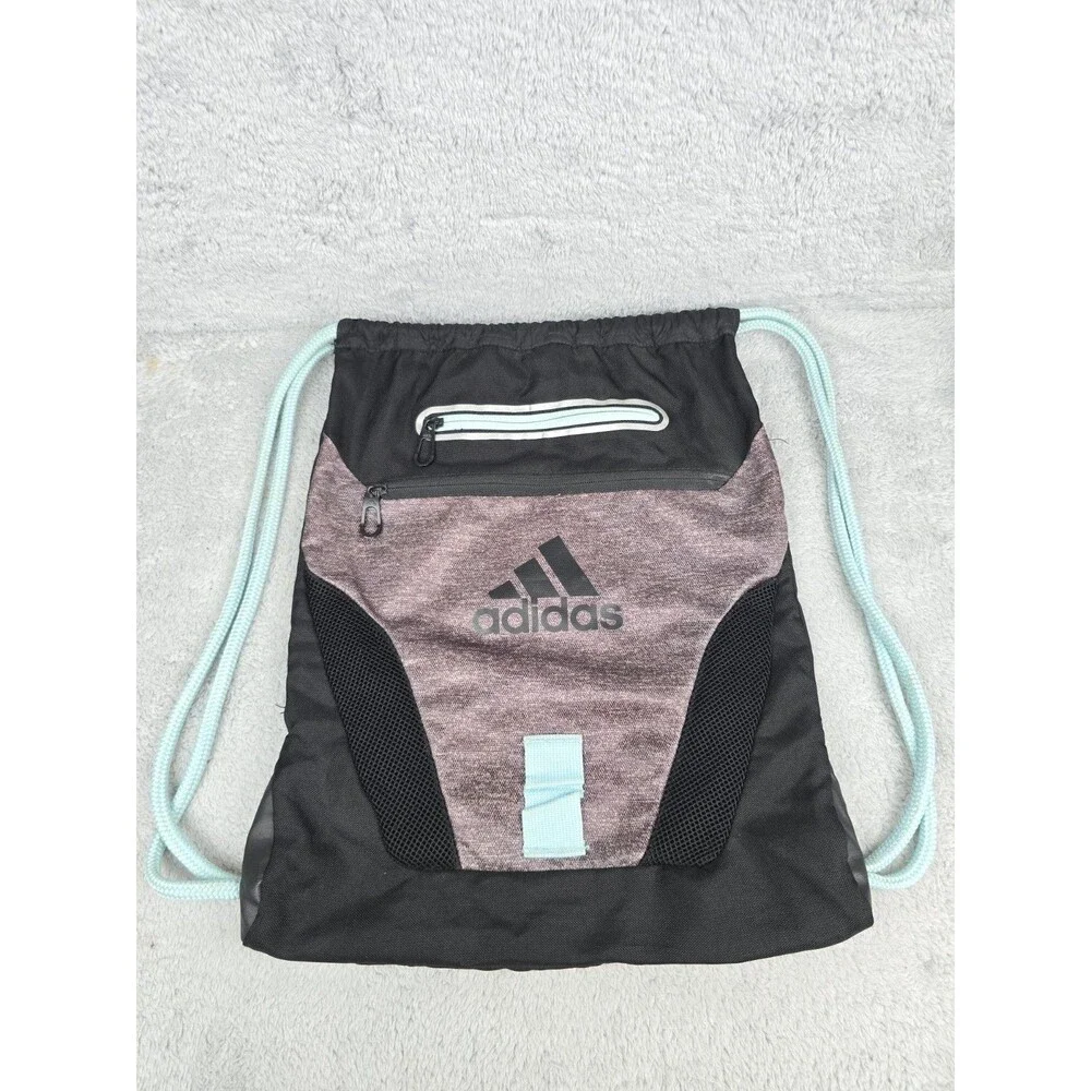 ​Adidas Black Drawstring Gym Bag Cinch Backpack Mint Blue Accents Gym Sports